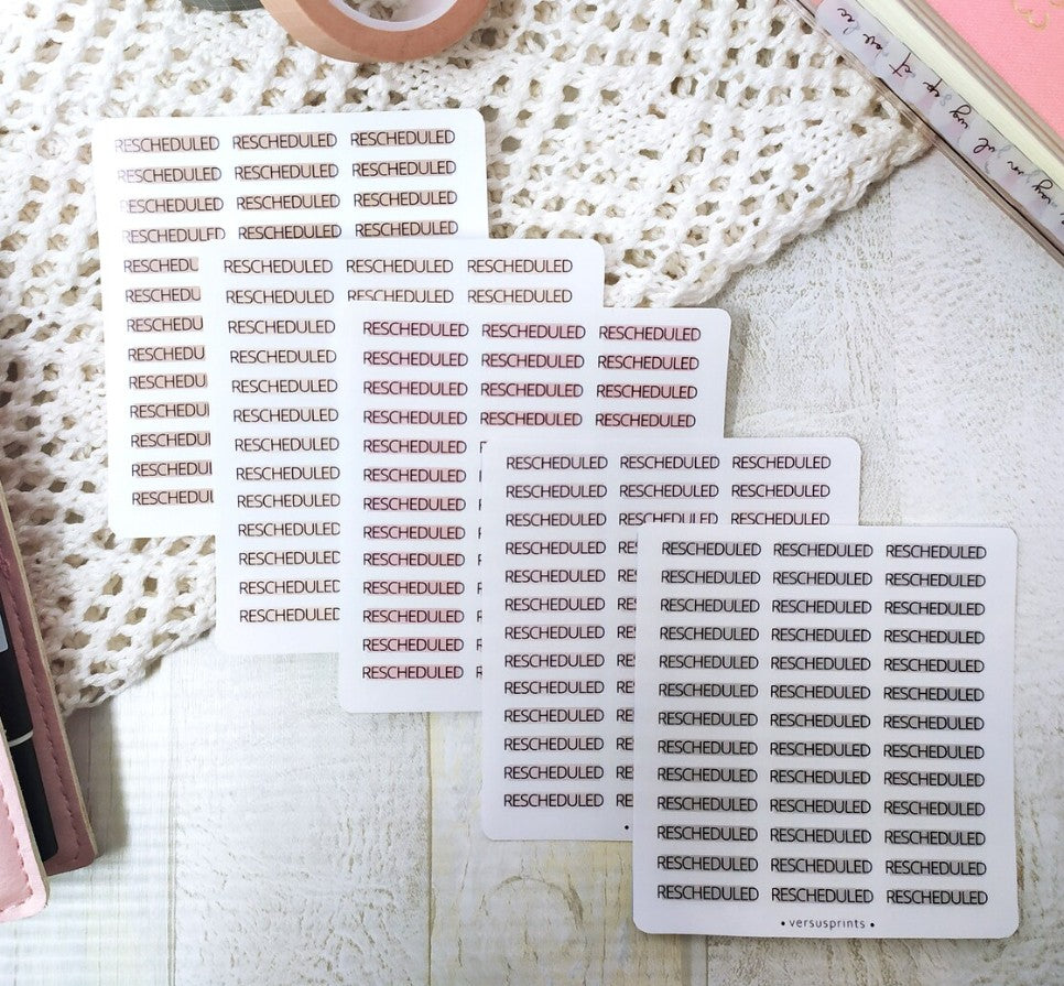 Rescheduled Clear Planner Stickers, Set of 39 Task and Appointment Labels, 8 Pastel Colors