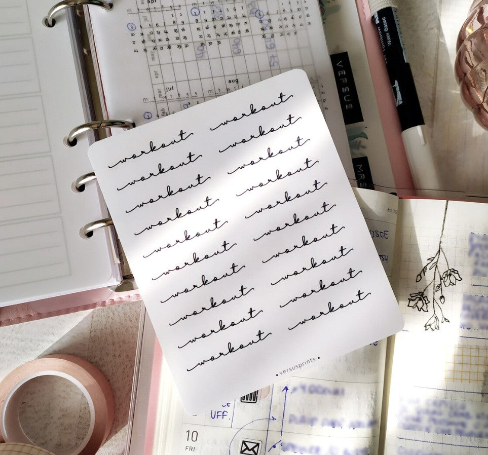 Workout Clear Script Stickers, 20 Functional Header Words For Tracker Planners