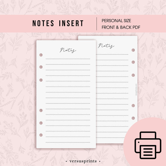 Inserto Stampabile per Agenda misura Personal, Pagine Note a Righe