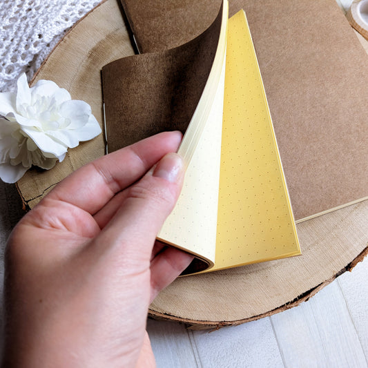 Quaderno Cucito a Mano con Carta Gialla, Copertina Kraft, 60 facciate,Motivo Dots, a Righe, a Quadretti o Bianca