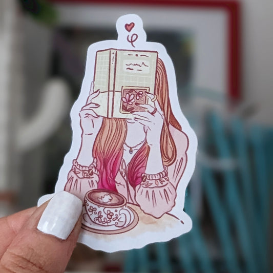 Coffee & Book Die Cut Sticker On Clear Vinyl, Book Lover in Cozy Coffee Shop, Original Illustration, Not Waterproof
