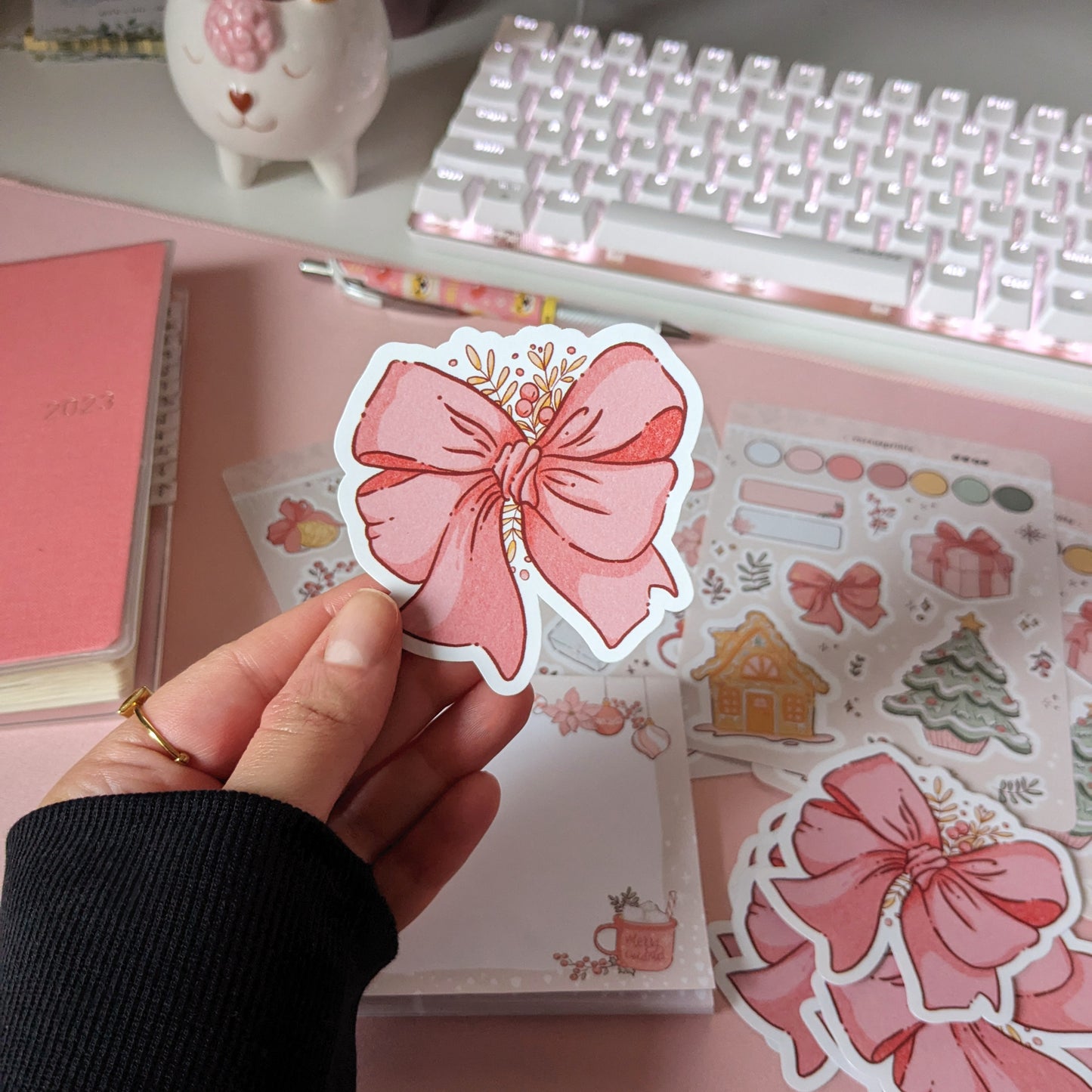 Blush Bow Die Cut Sticker, Clear Frosted Vinyl