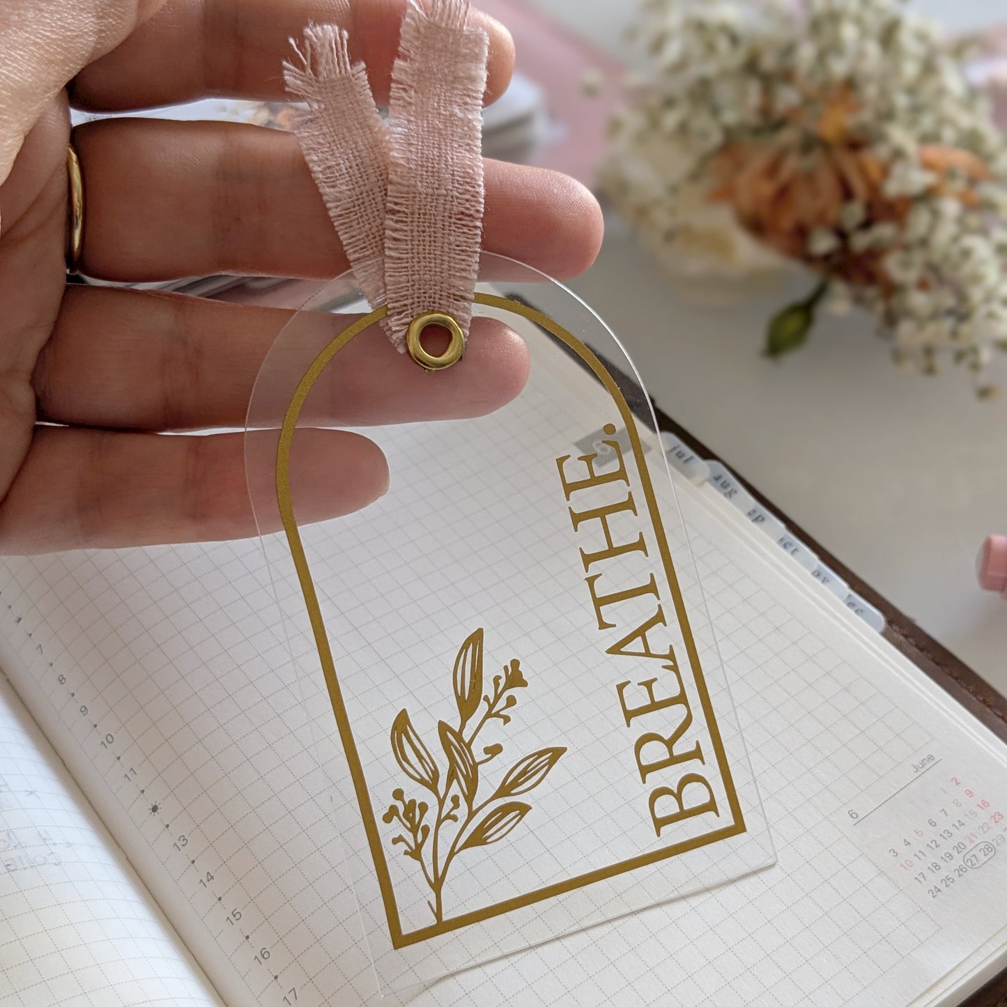 Clear Journaling Page Marker with Eyelet and Blush Ribbon