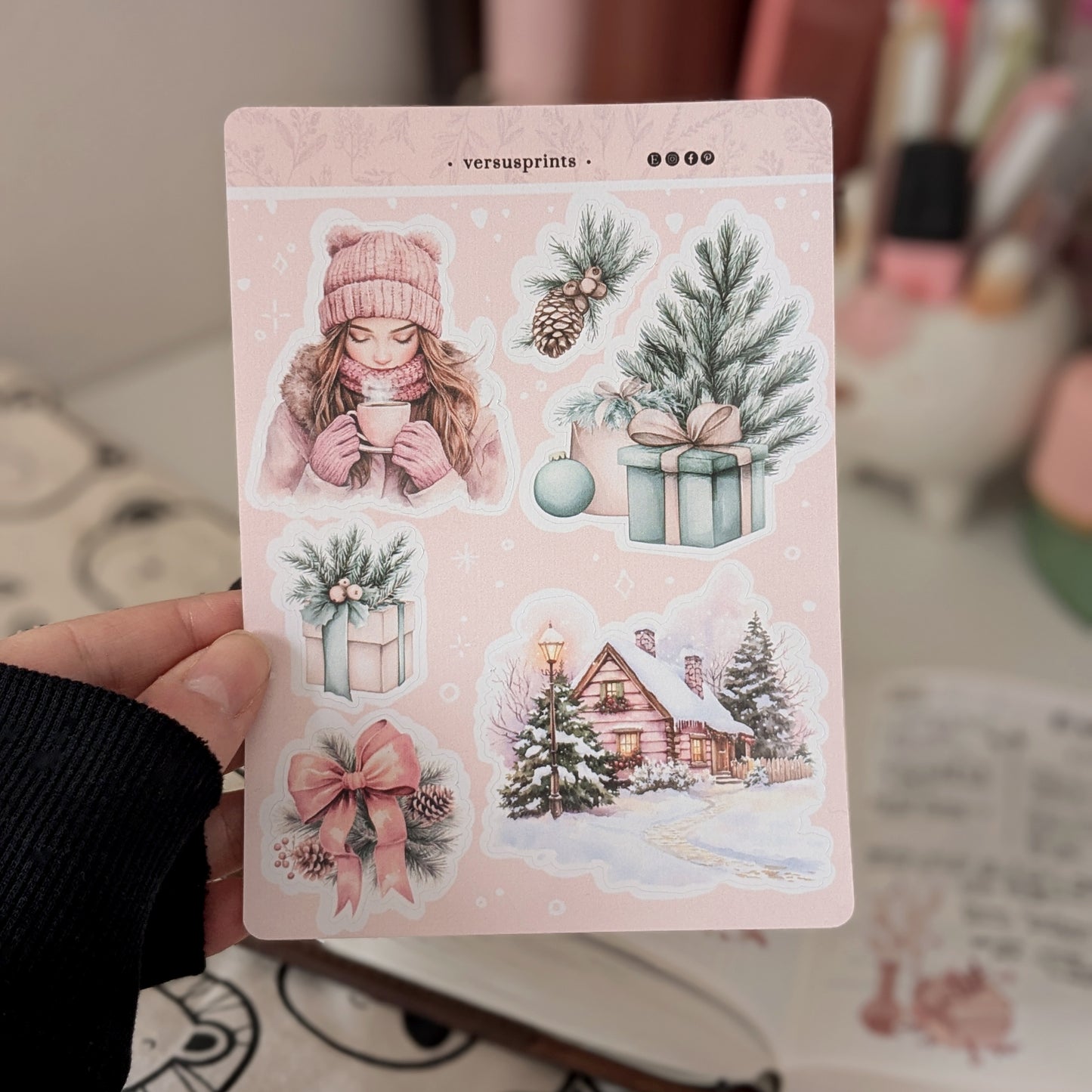 Winter Planner Sticker Sheet, Deco Stickers With Christmas Aesthetic, Green Sage and Light Pink Palette, Cozy Cottage Stickers
