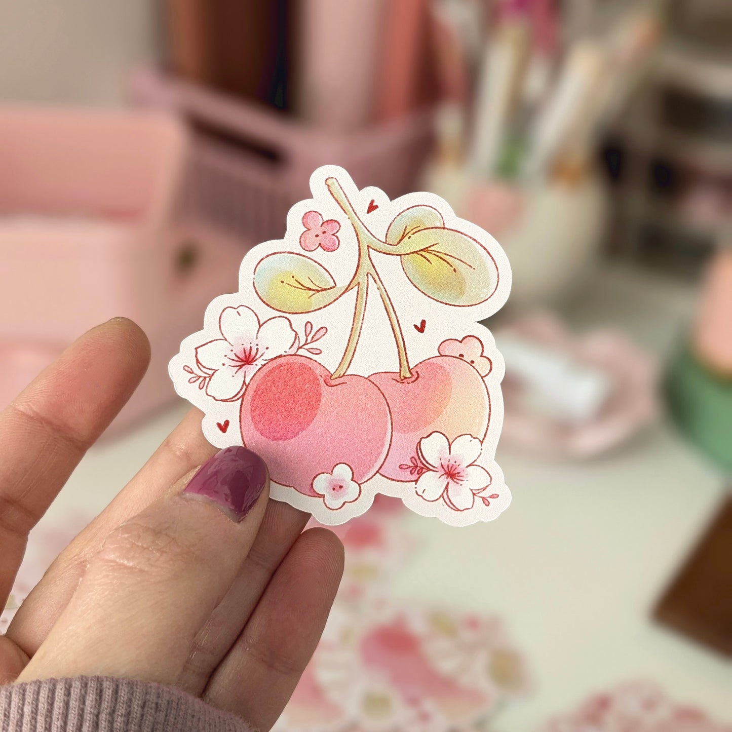 Cute Cherry Die Cut Sticker, Hand Drawn, Semi-Gloss Vinyl