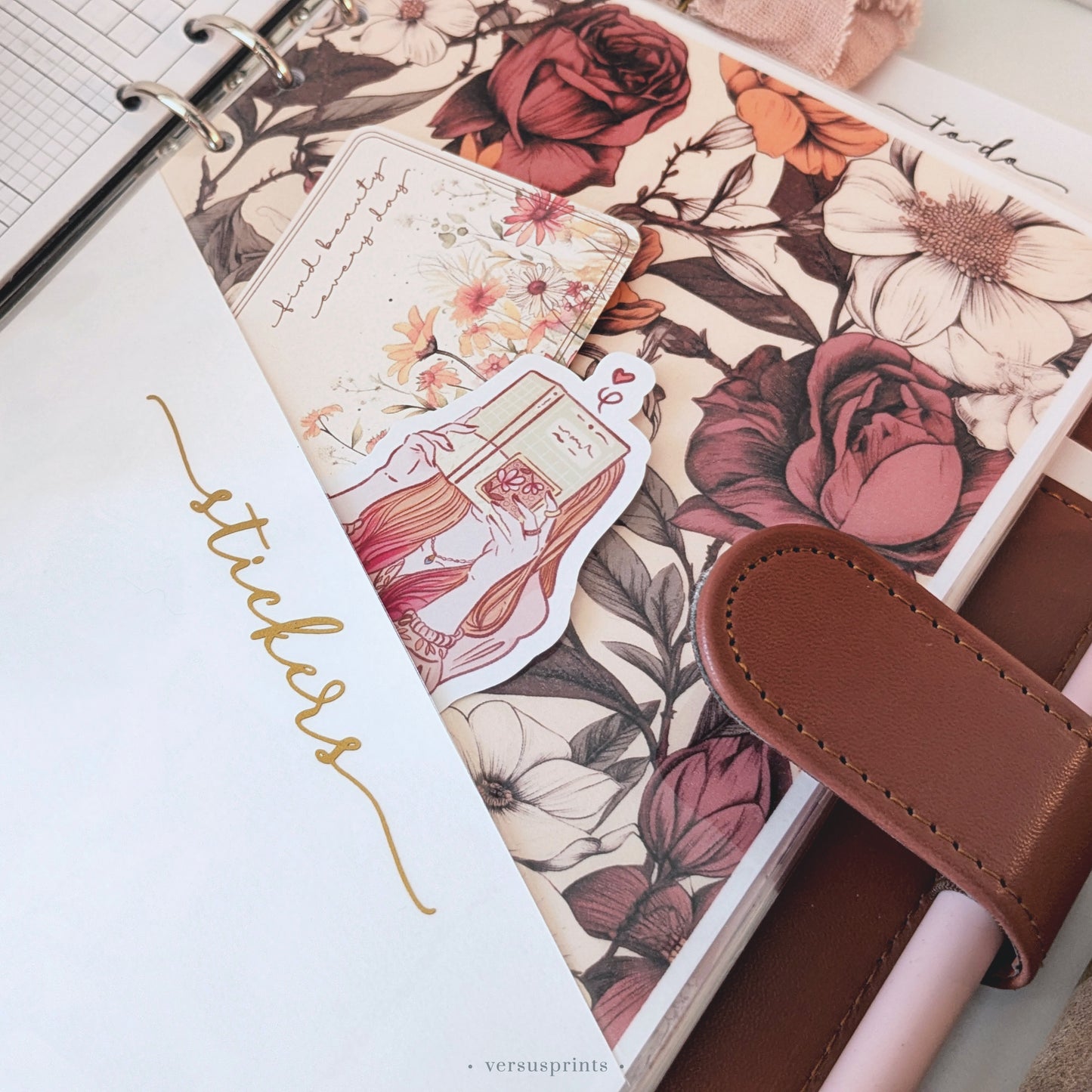 Tasca per Planner ad anelli, Storage per Sticker e Memo, Stampa Fiorita Vintage
