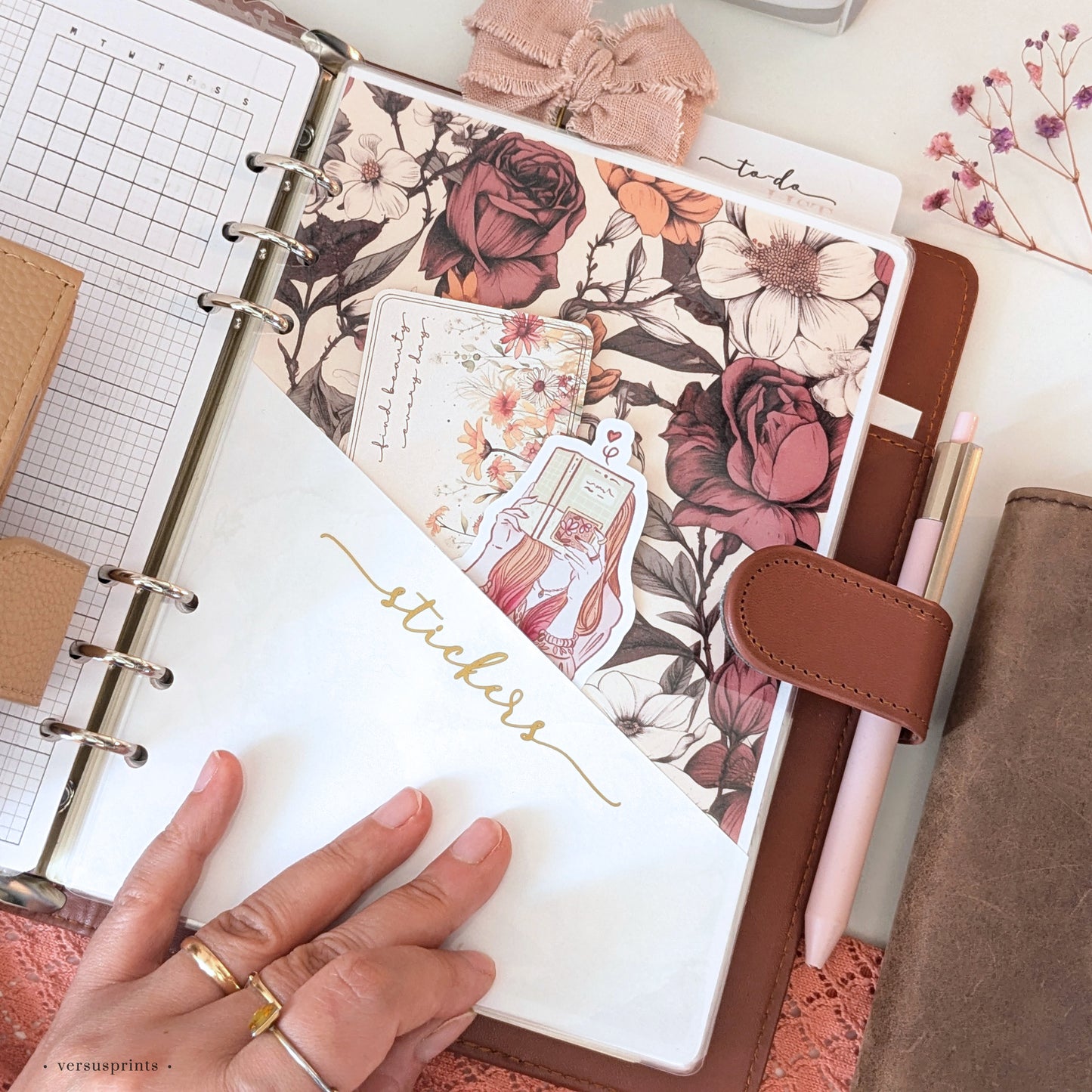 Tasca per Planner ad anelli, Storage per Sticker e Memo, Stampa Fiorita Vintage