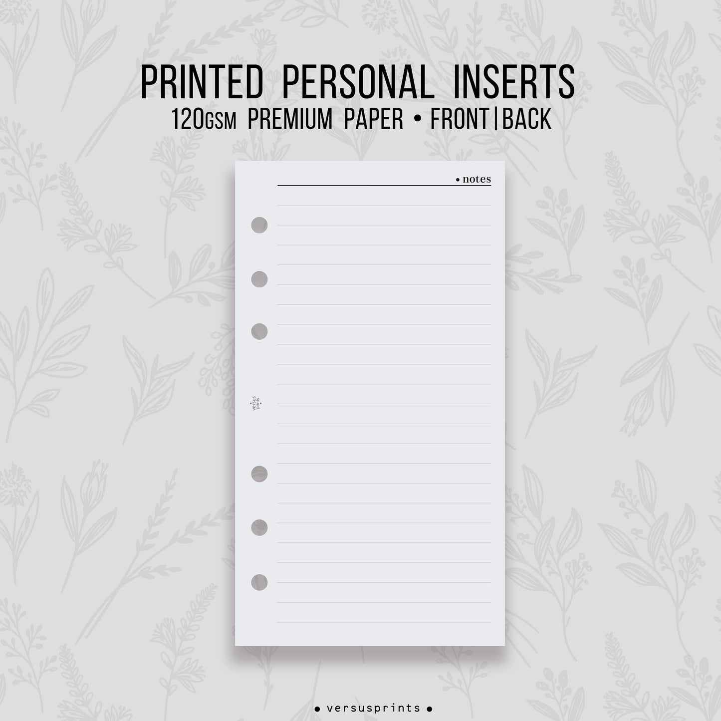 Notes Inserts for Personal Size Ring Planners, Lined Pages, Front and Back