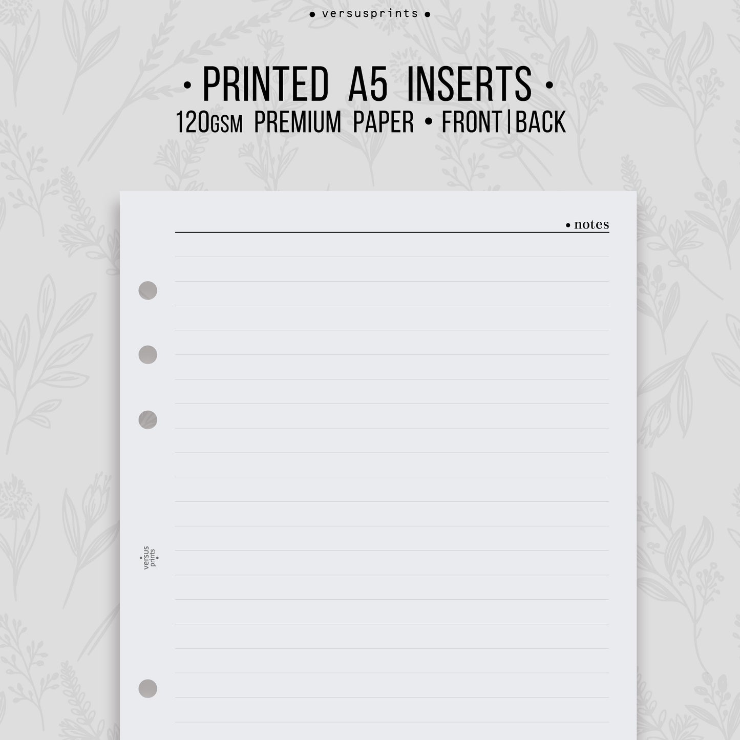 A5 Notes Inserts for 6-ring Planners, Lined Paper Pages, Front and Back